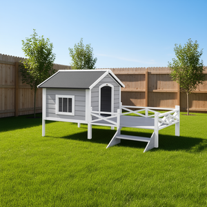 Nichoir pour chien de petite et moyenne taille avec porche, en bois gris, mobilier d'extérieur pour animaux de compagnie, style classique, toutes saisons - Product Image 2