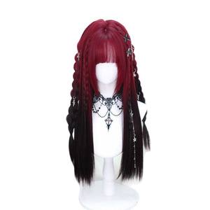 วิกผมตรงยาว 60 ซม. สีดำไล่ระดับสีแดง แบรนด์ในประเทศ ทรงผมปัดข้าง วัสดุทนความร้อนสูง สไตล์โลลิต้า - Product Image 4