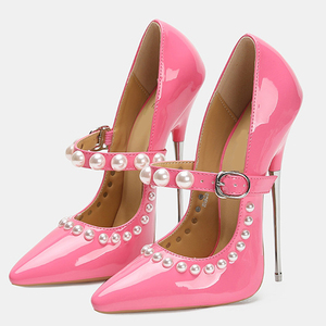 Big Size 46 Extreme Slim High Heels Women Pearls Buckle <b>Shoes</b> Middle Beads Strap Patent Stiletto Dress Wide Fit Sandals - Product Image 2