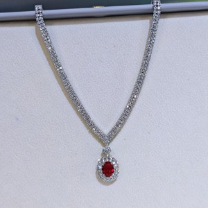 Collier pendentif ovale en rubis naturel de luxe, or 18 carats, pavé de diamants, ligne en V, bijoux fins pour femmes - Product Image 5