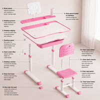 Ensemble bureau et chaise d'étude rose pour enfants avec bureau réglable en hauteur par manivelle et tiroir pour chambre, salle de classe, maison, école