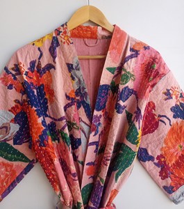 Kantha <b>Velvet</b> Suzani Long Reversible Kimono Robe Unisex <b>Jacket</b> with 2 Pockets on Each Side Floral Waterproof Everyday Wear - Product Image 6