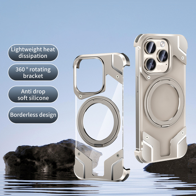 Luxury 360° Metal Frameless Kickstand Screen Protector Slim Hard Shockproof Case Magnetic Kickstand for iPhone 13 14 16 Pro Max