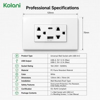 120 Modüler Dikey 6 Delikli Evrensel Duvar Prizi, USB-A Tip-C Hızlı Şarj Portlu, 16A 250V Gizli Priz, Otel Kullanımı İçin