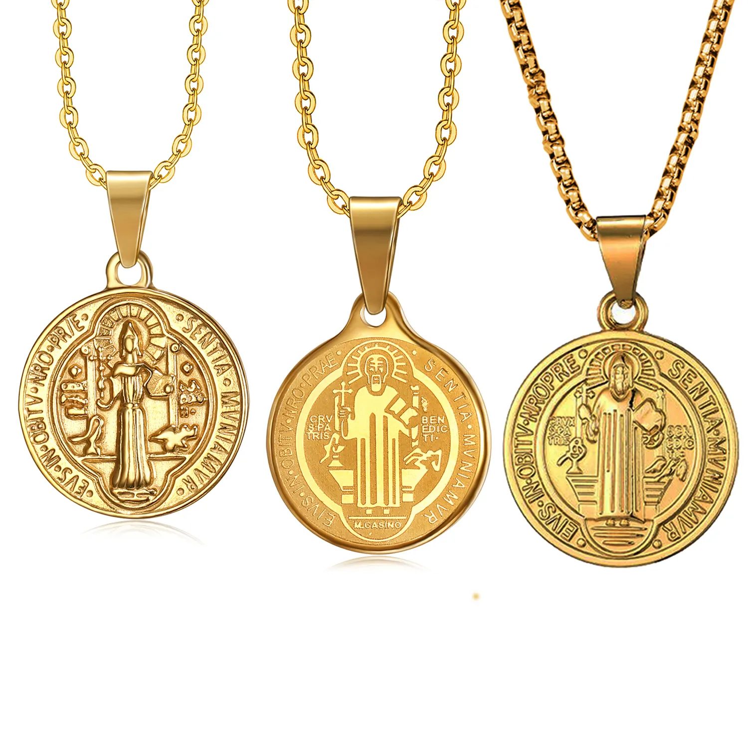 18K oro San Benito medalla collar de acero inoxidable cristiano Cruz católica diseño collar protección joyería para hombres mujeres