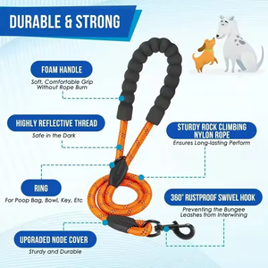 OEMカスタムロゴ入り反射ナイロン製ダブルドッグリード、衝撃吸収バンジー付きペット用リード、パッド入りハンドル付き、散歩用 - Product Image 3