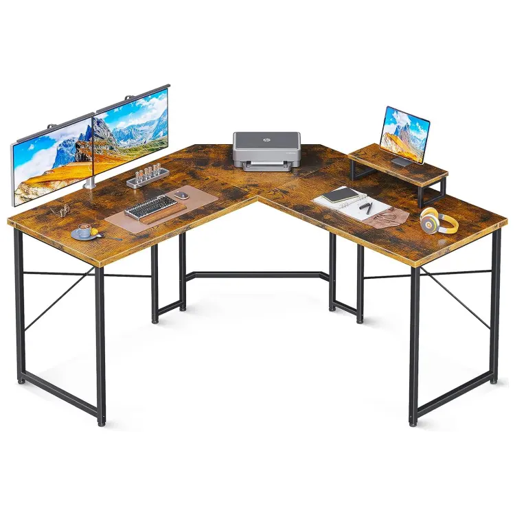 Mesa de computador grande de madeira para escritório, com pequenas prateleiras, mesa plana de canto para jogos, mesa barata em forma de L