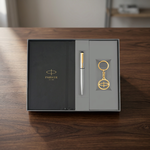 Parker Vector Stainless Steel <b>Gold</b> Trim Ball <b>Pen</b> 3-Piece Silver Keychain Blue Ink Fine Point Gift Set for Professionals Exec - Product Image 3