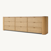 Commode Moderne en Bois et Rotin à 9 Tiroirs, Coffre de Rangement Rustique pour Chambre et Salon