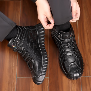 Bottes de neige montantes en cuir de vachette pour homme, chaudes, à lacets, doublées polaire, confortables, style Dad Shoes, marron et noir - Product Image 2