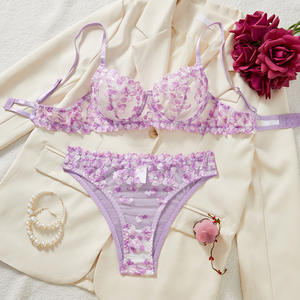 Женский сексуальный комплект нижнего белья из 2 предметов: бюстгальтер пуш-ап и трусики с розовой цветочной вышивкой, прозрачные шорты с низкой посадкой, милый комплект - Product Image 6