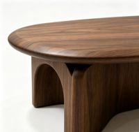 Table basse ovale en noyer de style mid-century, base sculpturale à découpe cintrée, table centrale minimaliste en bois massif pour salon