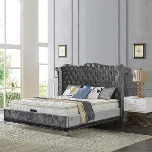 High quality grey fabric queen size solid wood upholstered bed room furniture