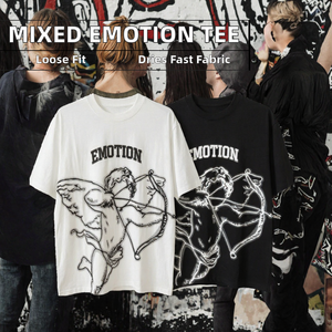 T-shirt surdimensionné pour homme, manches courtes, col rond, jersey de coton, imprimé graphique, design émotionnel ange, vêtements décontractés - Product Image 2