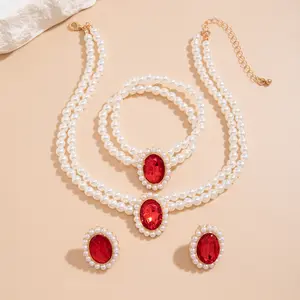 Mehr schicht ige Vintage Imitation Pearl Türkis Perlenkette Choker Halskette für Frauen Trendy Strass Ohrring Set Zubehör