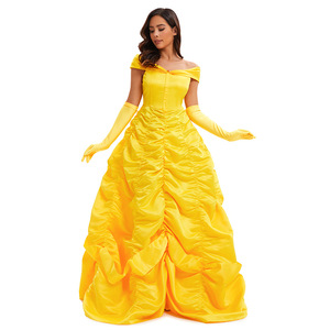 Vestido de Princesa Bella, Disfraz de Satén Amarillo, Traje de Cosplay, Vestido Largo para Mujer con Guantes - Product Image 4