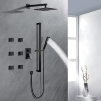 Ensemble de douche encastré 3 fonctions 10 pouces avec jet pluie et massage, mitigeur chaud/froid à poignée unique, 6 jets latéraux, en acier inoxydable noir, fixation murale