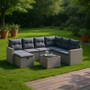 Conjunto de Sofás de Jardín de Ratán Sintético Gris Moderno, Muebles Modulares para Exteriores de 6 Plazas, Diseño Contemporáneo - Product Image 2