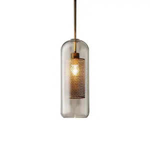 Nordic Cylindrical Round Oval Glas Wire Mesh Suspension Light 1 Light Metal Pendant Chandelier Lamp with Clear Glass Shade