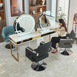 Venta al por mayor peluquería belleza barbería peluquería doble LED espejo dedicado hogar tocador mármol con armario espejo - Product Image 4