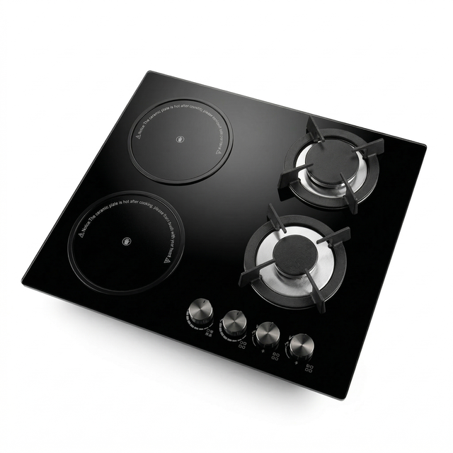 Built-in LPG Gas and Electric Induction Stove 2 Gas & 2 Electric Burners Black Glass Panels Household Use