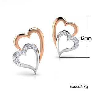 E1080 Orecchini a cuore con diamanti bicolore in oro rosa, gioielli romantici da sposa da donna - Product Image 6