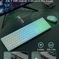Clavier et souris sans fil 2,4 GHz Combo Rétroéclairage RVB, Lettres lumineuses rechargeables, Taille standard, Ergonomique