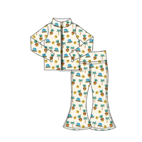 Vêtements de sport pour enfants à imprimés floraux personnalisés, pantalon évasé, veste zippée intégrale, vêtements de sport actifs, ensemble de tenue de yoga pour filles en 2 pièces