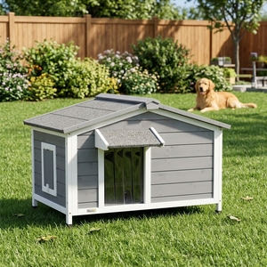 For Fir Wood Modern Dog Kennel Outdoor Elevated House Openable Top Roof <b>Curtain</b> Removable Tray Adjustable - Product Image 1