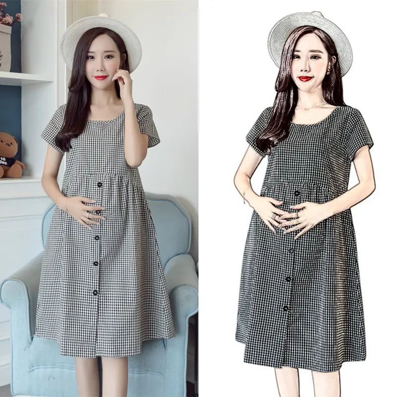 Best Seller Pregnant Maternity Clothing Plus Size Mid-Length Round Neck Plaid Maternity Clothing Dresses