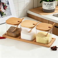 Offre Spéciale : Ensemble de Rangement Rond en Verre Transparent, Hermétique, pour Cuisine, avec Plateau et Couvercle en Bois, et Cuillère – Bocaux à Épices en Verre