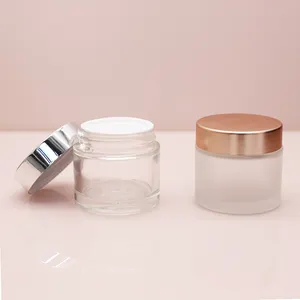 30ml 60ml 100ml Glas Kosmetik runde klare gefrostete Creme Glas Hautpflege Peeling benutzer definierte Logo-Behälter mit Roségold Deckel