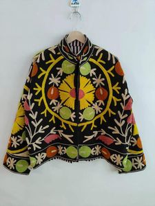 Black Suzani Embroidery Velvet Animal Print Cotton Filled Breathable <b>Button</b> Jacket <b>Vintage</b> Boho Unisex Winter Ethnic Chic - Product Image 1
