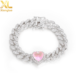 10mm Single Row Cuban Chain Bracelet Iced Out Pink Heart CZ Stone Silver Plated Prong Cuban Link Chain Gift for Women - Product Image 2