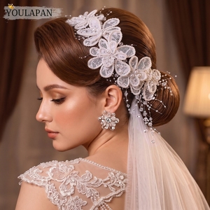 Tiara de novia de encaje hecha a mano YouLaPan con ribete floral bordado y cristales en forma de rama, elegante corona para el cabello de novia <span class=keywords><strong>HP702</strong></span> - Product Image 5