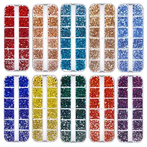 12 Grid 2400pcs Glass Rhinestones for Nails, Flat Back Crystal Rhinestones, Non-hotfix Round Nail Gems Beads for DIY Crafts