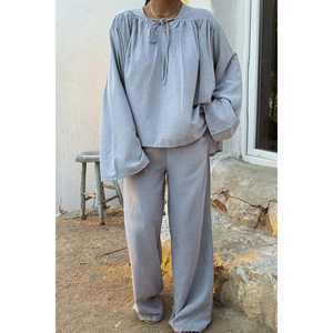 Ensemble en lin bleu Rozi 2 pièces avec logo personnalisable, coupe ample, tenue pour femme, pantalon large et haut, automne, taille XS à XL - Product Image 5