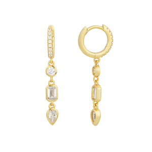 925 Sterling Bạc phụ nữ đồ trang sức Pave Hoop Bông tai với ba đá <span class=keywords><strong>baguette</strong></span> Tear dangle Drop - Product Image 1