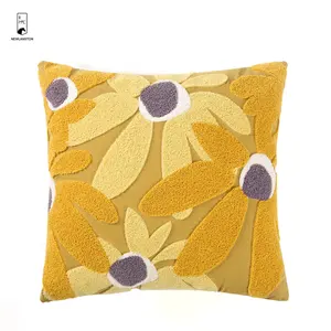 Nordic Yellow Flower Embroidery Decorative Custom Cushion Cover Soft Floral Throw Pillow Case For Home Sofa