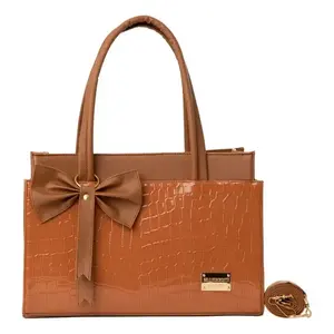 Bolso de mano para mujer Fana Corina M3890, color camel, diseño de cocodrilo, minimalista, con decoración de lazo para el verano - Product Image 4