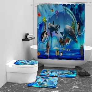 Hoge Kwaliteit Goed Verkopende 3d Digitaal Printen Polyester Waterdicht Douchegordijn 4 Pcs Set Voor Badkamer