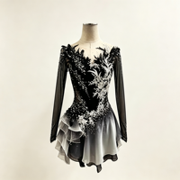 Costume de patinage artistique à manches longues, dégradé noir et blanc, dentelle florale 3D, strass, jupe à volants, robe de danse sur glace, sur mesure OEM ODM
