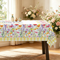 Nappe de table en gros à fleurs sauvages rouges et jaunes avec bordure à carreaux jaunes, housse de table imperméable pour événements extérieurs, qualité supérieure
