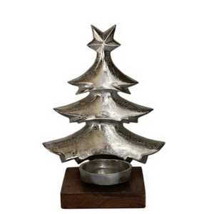 Handmade Aluminum Christmas <b>Tree</b> <b>Ornament</b> Medium Size Rustic Style Star Top Candle Holder Wooden Base Tabletop Decor Living Room - Product Image 1