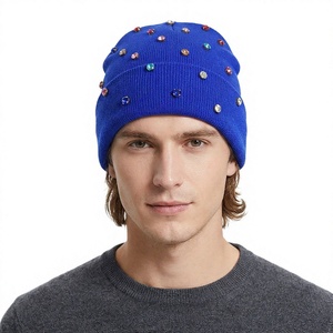 Gorro de punto a mano con diamantes de imitación azules para hombre adulto, gorro acrílico informal de invierno, gorro de buena calidad para hombre - Product Image 1