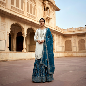 Kurta en coton blanc avec Lehenga et Dupatta brodés bleus, ensemble traditionnel indien pakistanais pour femmes, longueur au sol, coupe classique - Product Image 1