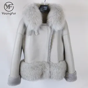 Terbaru Elegan Wanita Musim Dingin Kulit Domba Mantel Besar Fox Bulu Kerah Kulit Domba Jaket Bulu Berjajar