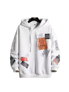 Sweat-shirt à capuche ample blanc pour homme, motif patchwork personnalisé, imprimé multi-éléments, écologique, idéal pour l'automne - Product Image 2