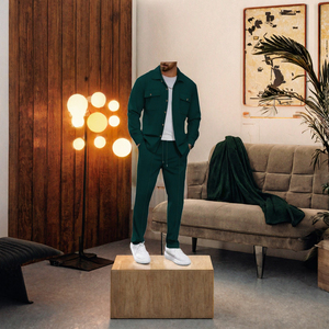 Conjunto de Dos Piezas Deportivo Casual de Punto para Hombre, Chaqueta con Botones y Bolsillos, Pantalones Rectos, 100% Poliéster - Product Image 3