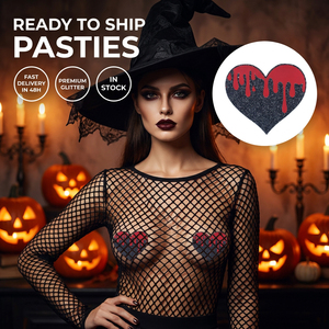 Prêt à expédier : Cache-tétons Cœur Noir Pailleté Effet Sang Rouge Halloween – Livraison Rapide en Stock pour Femme - Product Image 1